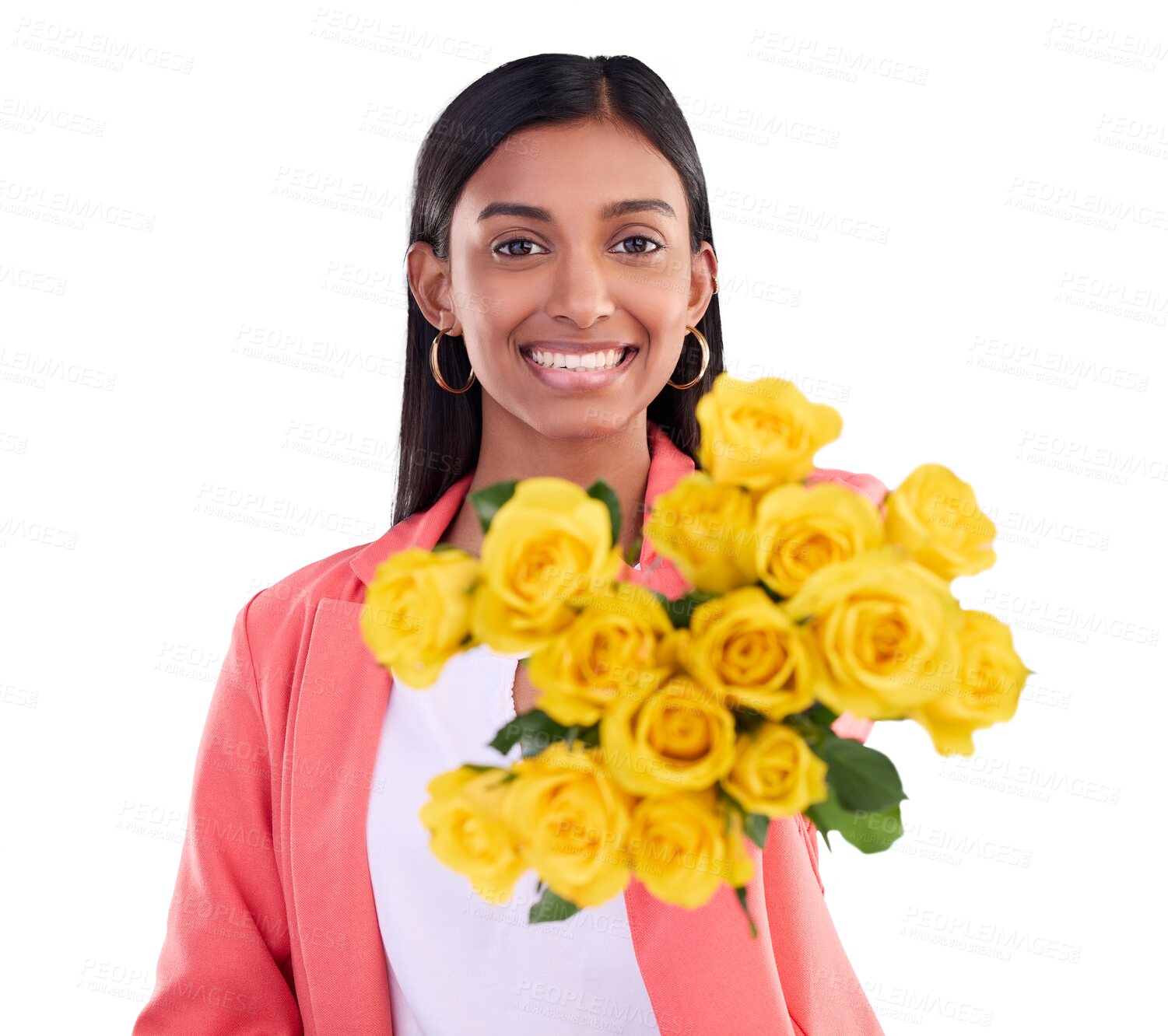 Buy stock photo Gift, portrait and happy woman with flowers isolated on transparent png background. Smile, giving and girl with floral spring bouquet as present for celebration of love, romance and gratitude reward.