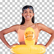 Happy, pool float and portrait of woman in studio for summer, swimming ...