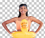 Happy, pool float and portrait of woman in studio for summer, swimming and holiday. Smile, happiness and beach vacation with female and duck inflatable on blue background safety, playful and funny