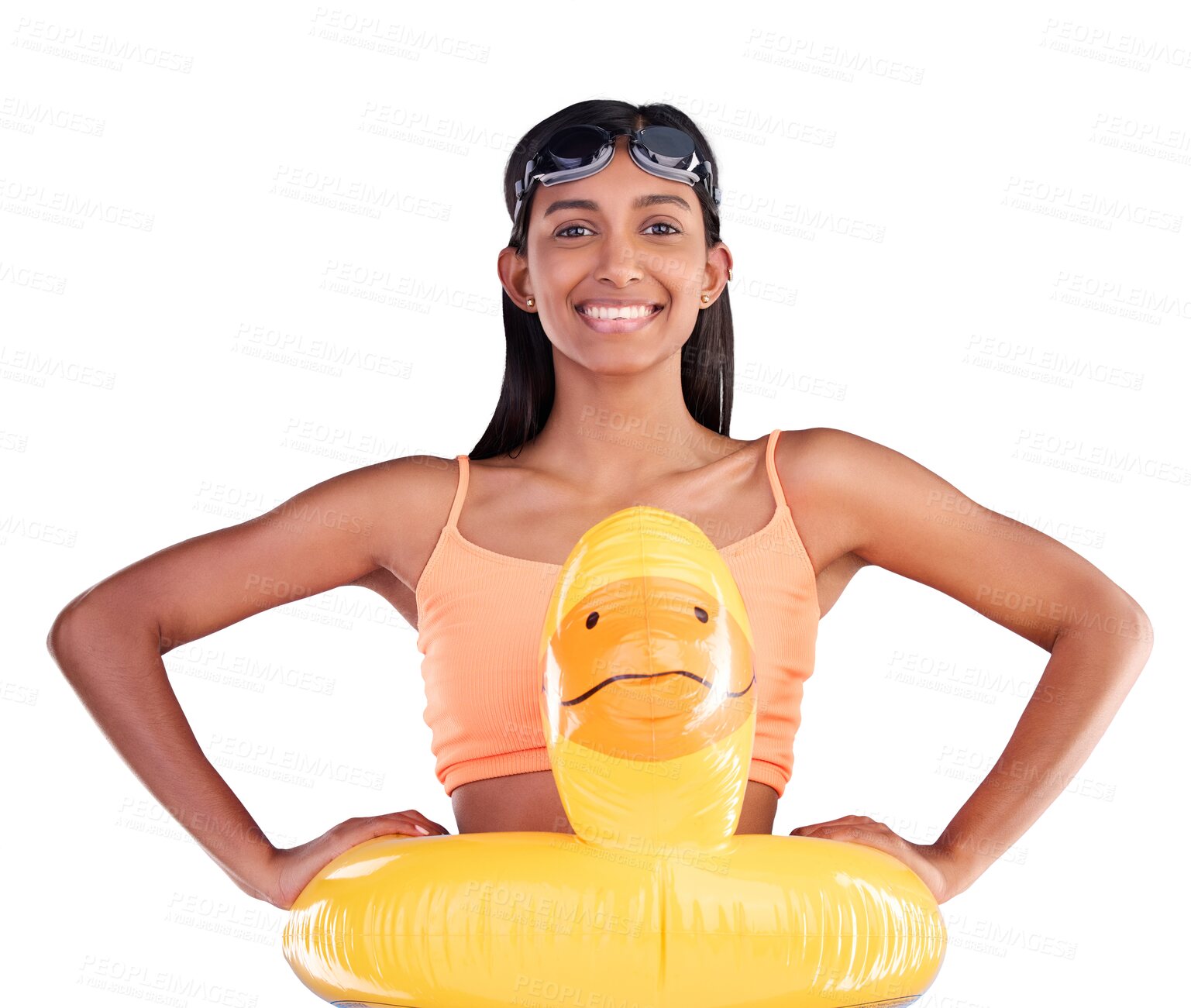 Buy stock photo Pool float and portrait of happy woman isolated on PNG background for swimming on holiday. Smile, relax or Indian girl with an inflatable duck for safety or playful games for. summer vacation alone