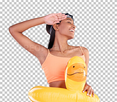 Rubber duck, smile and salute with a swimmer woman in studio on blue background wearing goggles on her head. Happy, hand gesture and swimming with an attractive young female excited to swim in summer