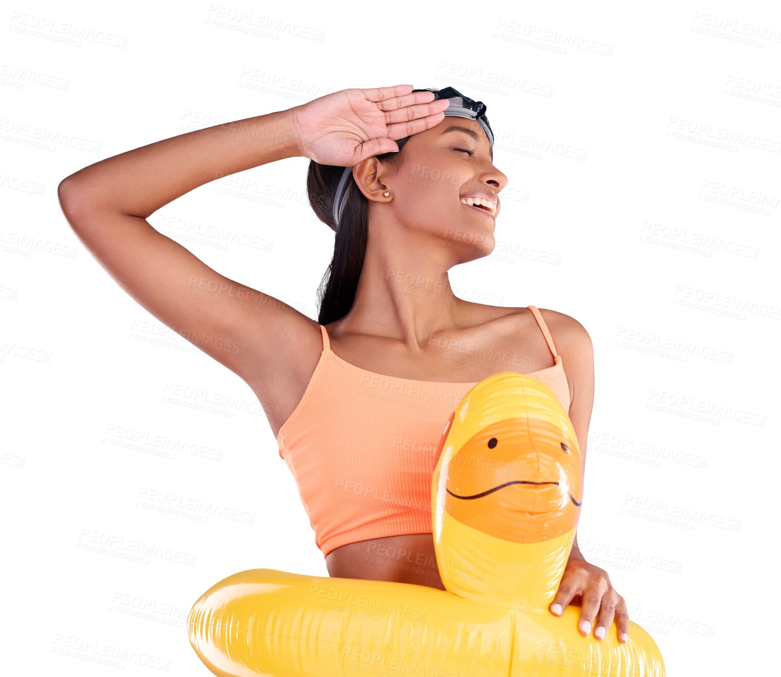 Buy stock photo Happy woman, portrait and swimming with inflatable duck or salute with toy on vacation on isolated or transparent png background. Excited, girl and swim in pool with funny floatie, bikini or swimwear