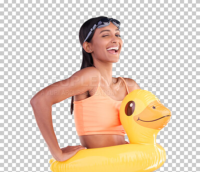 Portrait, wink and rubber duck with a woman on a blue background in studio excited for summer. Happy, smile and playful with an attractive young female ready for swimming on holiday or vacation