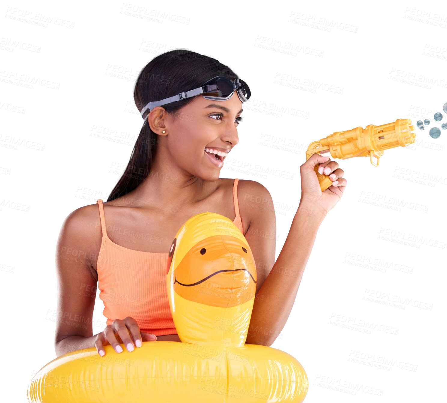 Buy stock photo Girl, smile and swim with inflatable ring and isolated on transparent png background, happy and bubble gun. Teenager model, goggles and swimsuit with face, hands and fun in summer, excited and color