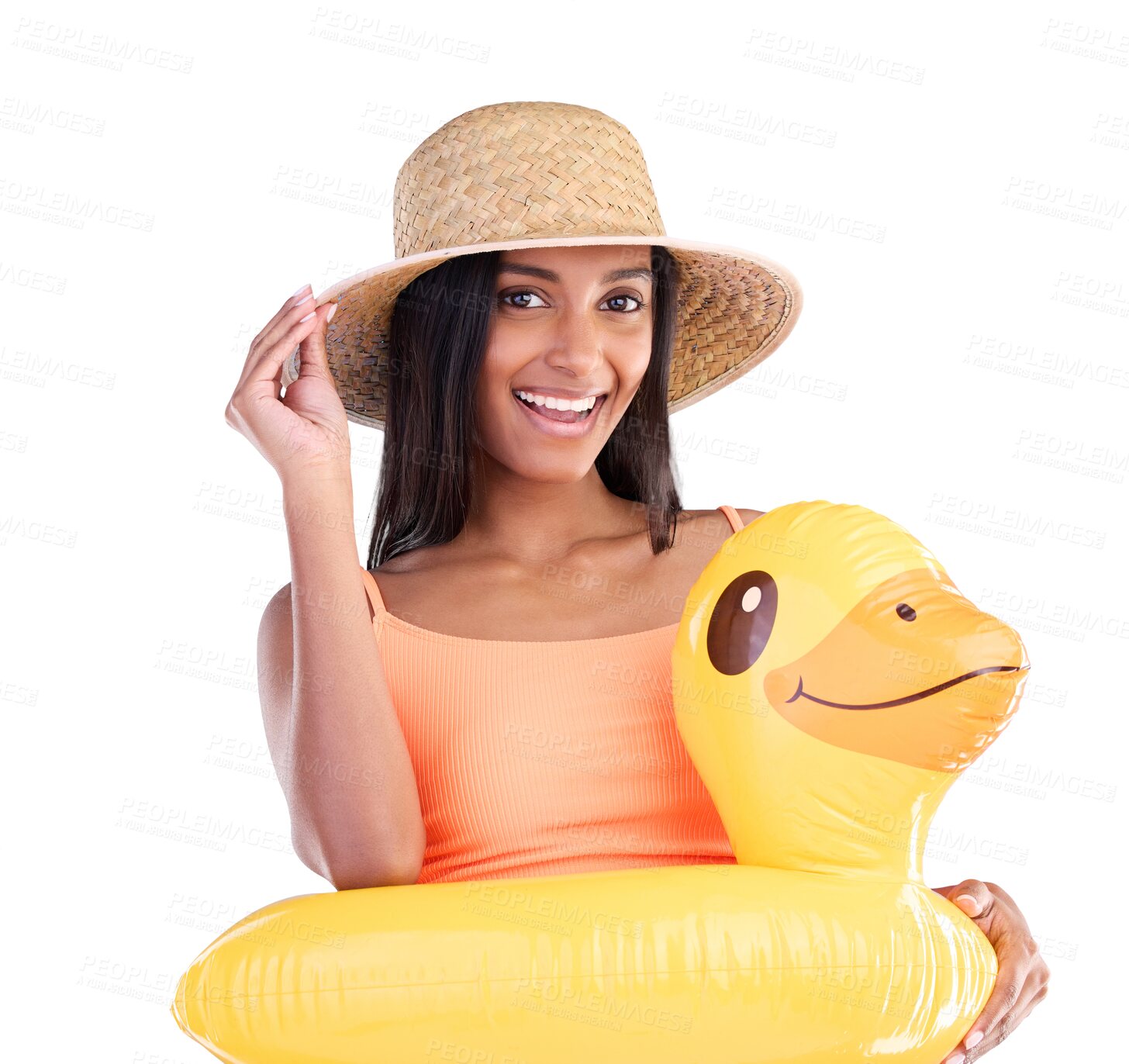 Buy stock photo Inflatable duck, happy and portrait of woman in summer hat, swimming and holiday. Face, Indian person in pool float and beach vacation, travel and tourist isolated on a transparent png background