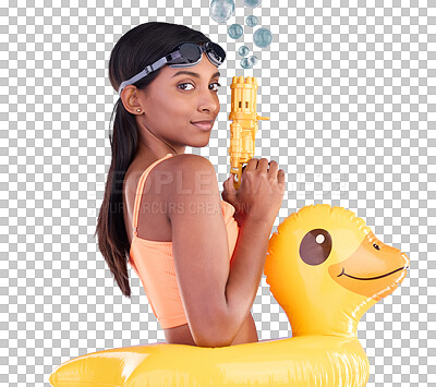 Portrait, bubbles and rubber duck with a woman on a blue background in studio ready for summer swimming. Happy, travel and vacation with an attractive or playful young female holding a bubble gun