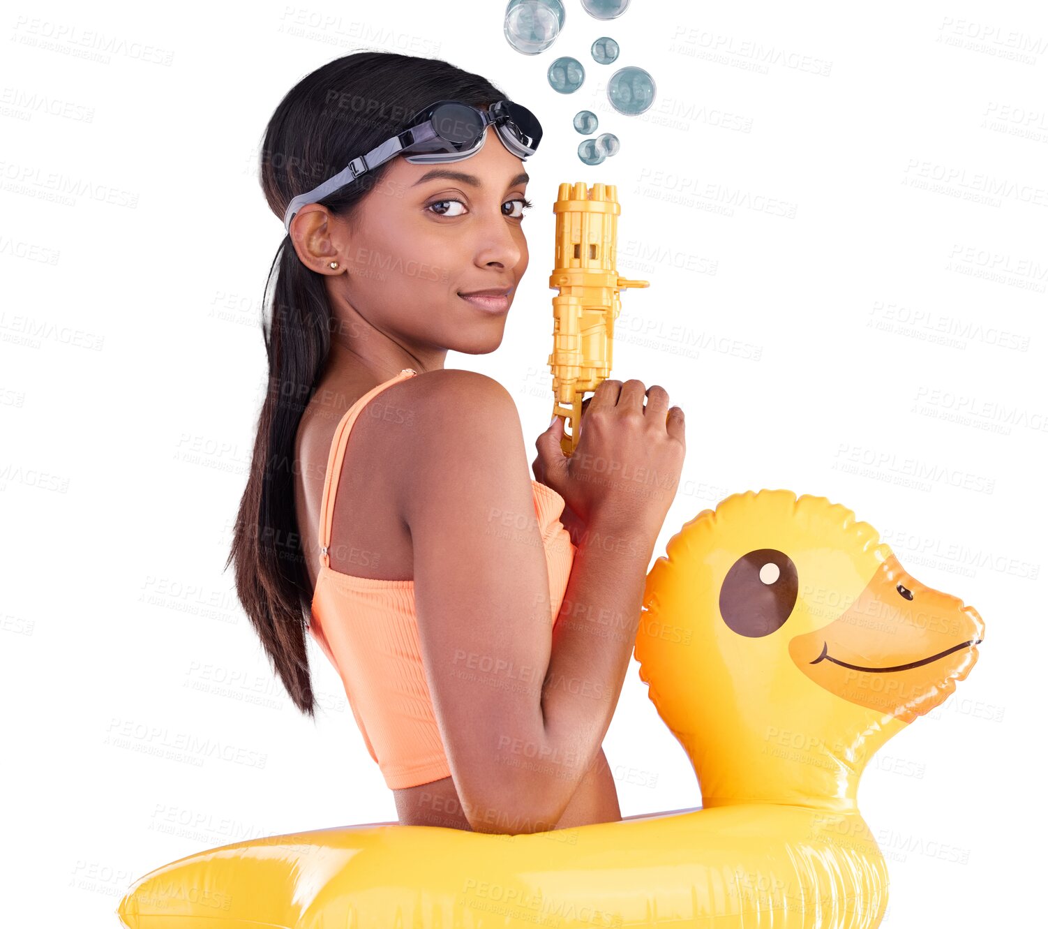 Buy stock photo Rubber duck, bubble gun and portrait of happy woman for summer, swimming at hotel and holiday travel. Face, Indian person in pool float and beach vacation isolated on a transparent png background.