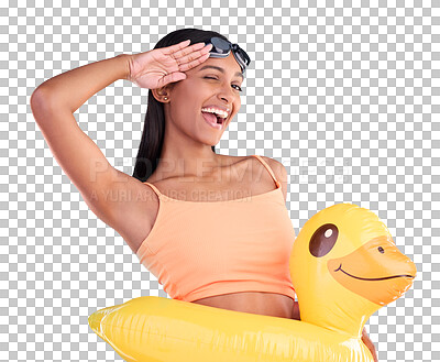 Portrait, smile and salute with a swimmer woman in studio on. a blue background wearing goggles on her head. Happy, hand gesture and swimming with an attractive young female excited to swim in summer