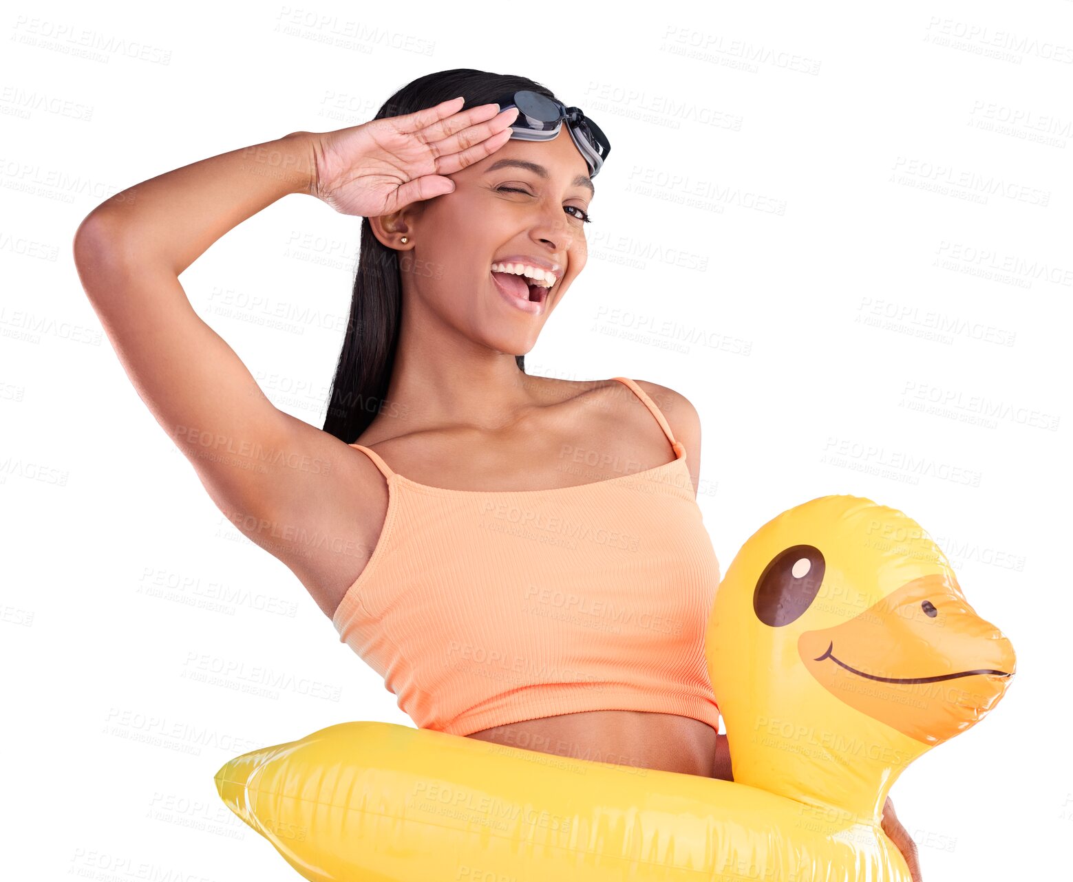 Buy stock photo Happy woman, portrait and swimming with inflatable duck or salute with toy on vacation on isolated or transparent png background. Girl, wink and swim in pool with funny floatie, bikini or swimwear