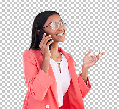 Happy business woman, phone call and conversation for communication or consulting against a blue studio background. Creative female employee talking on mobile smartphone in discussion for startup