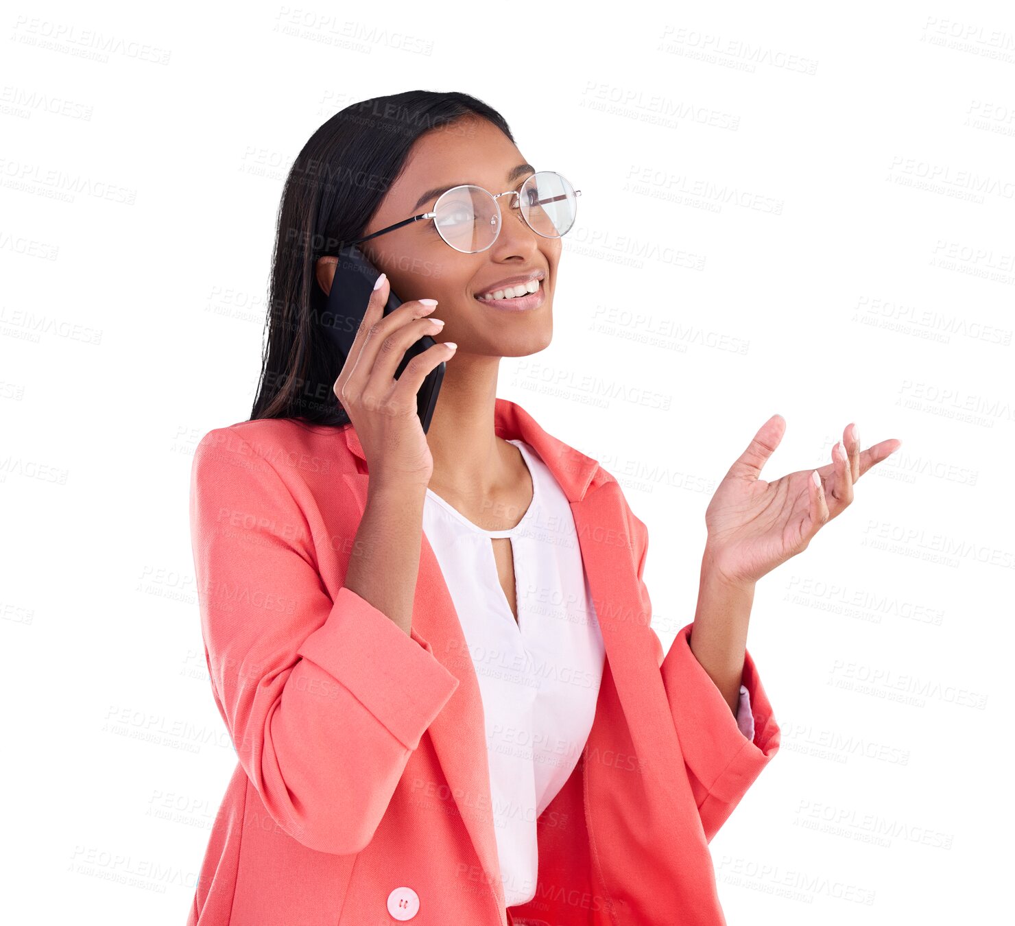 Buy stock photo Phone call, conversation and corporate woman speaking, talking or consulting business investment contact. Smartphone connection, consultation and Indian person planning on transparent, png background