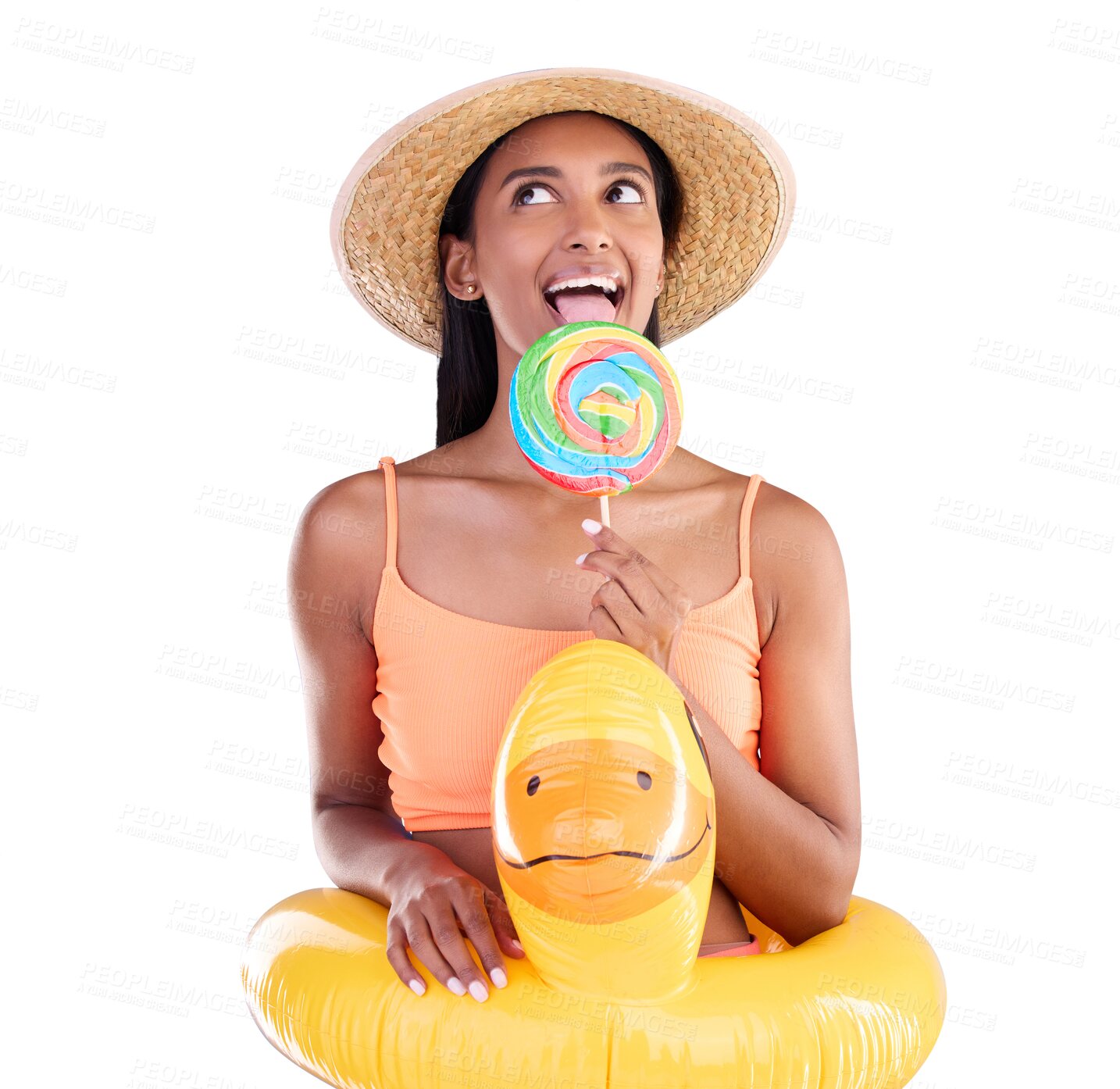 Buy stock photo Happy, woman and pool float with candy, lollipop and sweets on isolated, transparent or png background. Summer, party and person eating with bikini, swimsuit and happiness on holiday or vacation