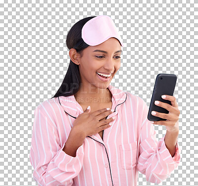Wow, phone and pajamas with a woman on a blue background in studio browsing social media in the morning. Mobile, contact and gossip with an attractive young female reading good news while texting