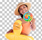 Portrait, lollipop and inflatable duck with a woman on a blue background in studio ready for summer swimming. Happy, travel and vacation with an attractive young female looking excited to relax