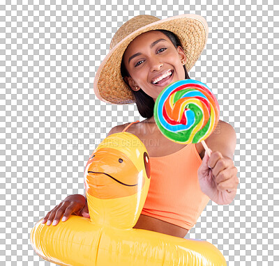 Buy stock photo Woman, holiday and summer with lollipop and inflatable duck for beach vacation and swimming fun. Portrait of happy person in tropical or pool accessory or candy isolated on transparent png background