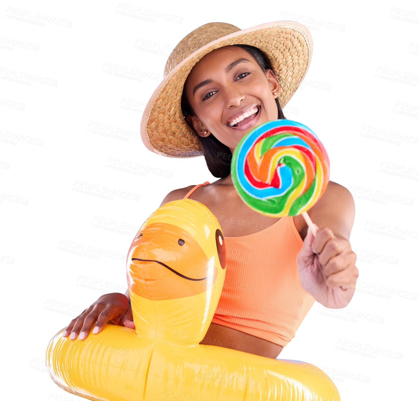 Buy stock photo Woman, holiday and summer with lollipop and inflatable duck for beach vacation and swimming fun. Portrait of happy person in tropical or pool accessory or candy isolated on transparent png background