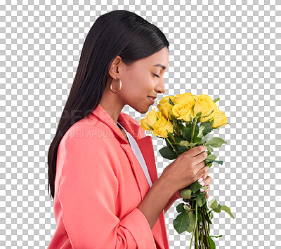 Smell, flowers and bouquet with woman in studio for gift, satisfaction and spring. Relax, happy and floral present with female and roses isolated on blue background for aroma, natural and products