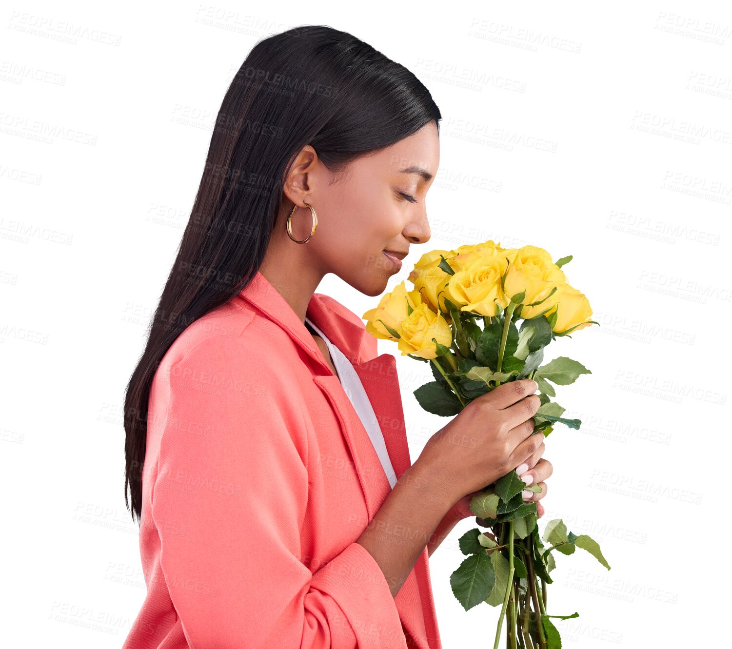 Buy stock photo Smell, profile and happy woman with flowers isolated on transparent png background. Smile, roses and girl with floral spring bouquet as present for celebration of love, romance and gratitude reward.