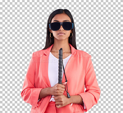 Blind woman, disability and serious face in a studio with walking cane and eyes impairment. Glasses, young female and post eye surgery of a person with isolated blue background with vision problem