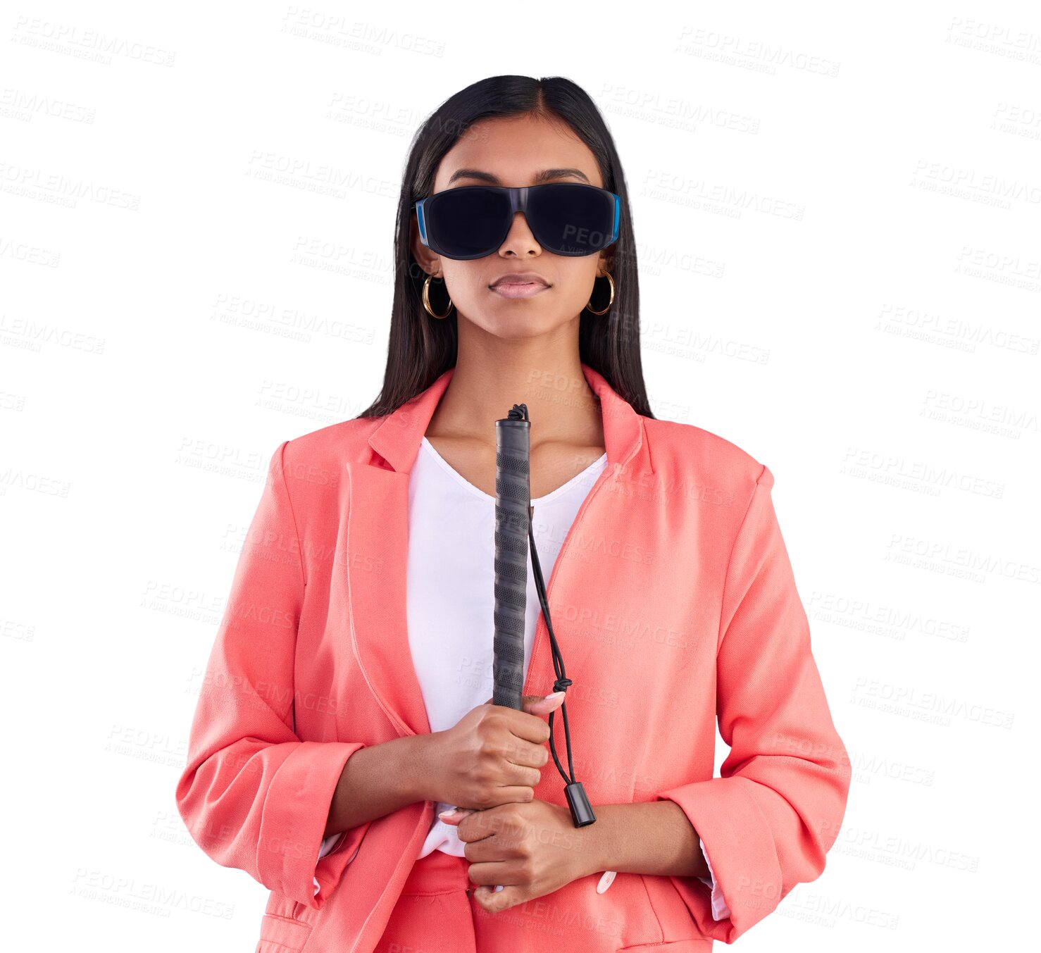 Buy stock photo Woman with a disability, blind and walking stick with dark glasses and isolated on a transparent png background. Indian, mobility aid and confident with vision impairment, health and eye loss surgery