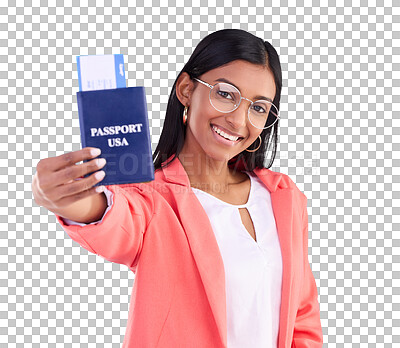 Buy stock photo Business woman, passport and ticket for travel opportunity, USA immigration and holiday offer isolated on transparent png background. Portrait of indian worker with documents for vacation or flight 