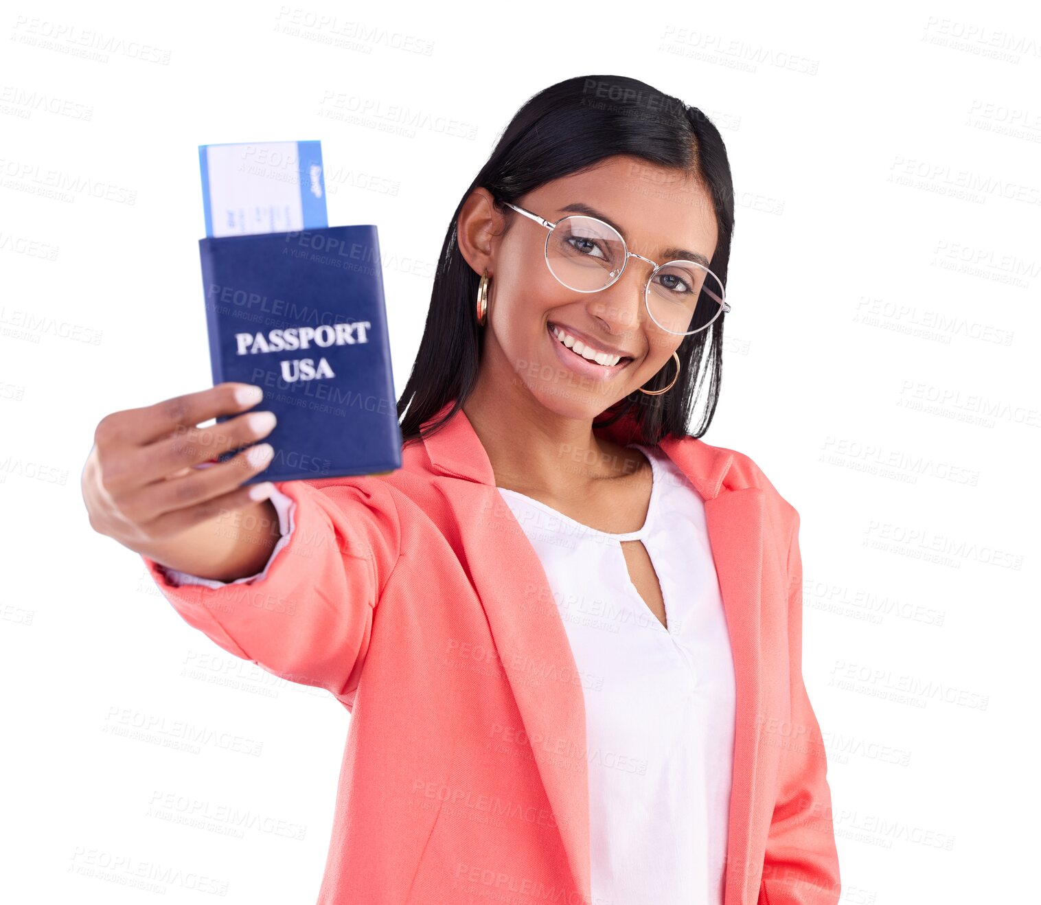 Buy stock photo Business woman, passport and ticket for travel opportunity, USA immigration and holiday offer isolated on transparent png background. Portrait of indian worker with documents for vacation or flight 