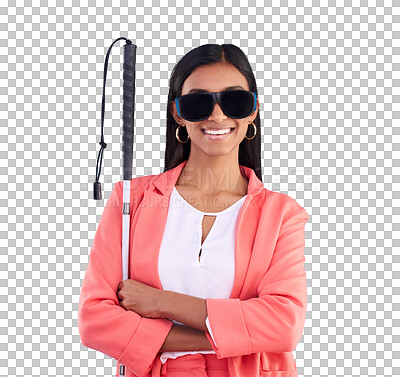 Blind, disability and sunglasses with a woman on a blue background in studio holding her walking stick. Portrait, vision and smile with an attractive young female arms crossed for disabled lifestyle