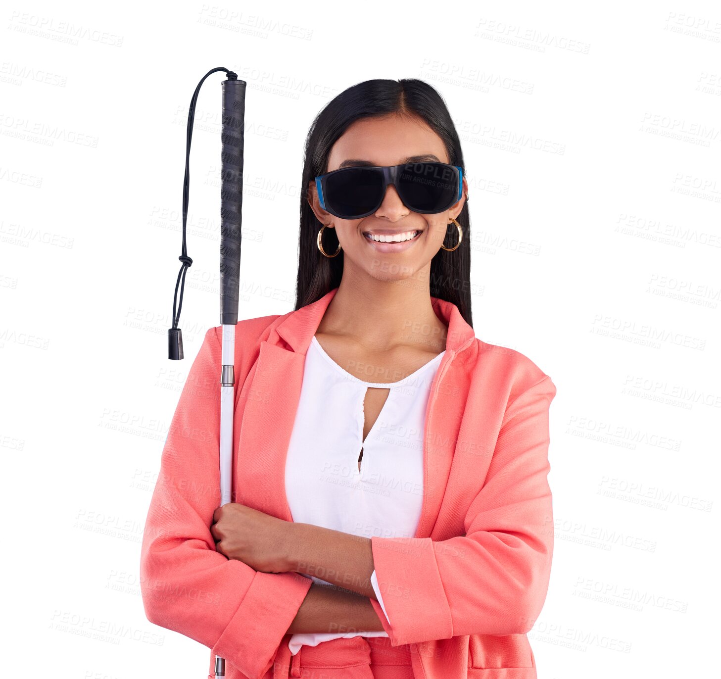 Buy stock photo Blind, disability and sunglasses with a woman, arms crossed and smile isolated on transparent background. Face, person or model with a walking stick, disabled lifestyle and vision with eyewear or png