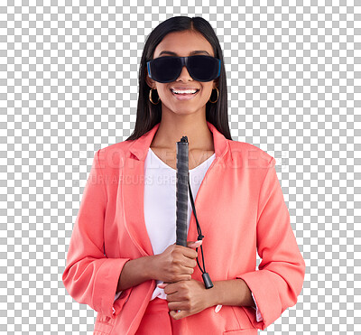 Blind, disability and walking stick with a woman on a blue background in studio wearing sunglasses. Portrait, vision and smile with an attractive young female holding her cane for disabled lifestyle