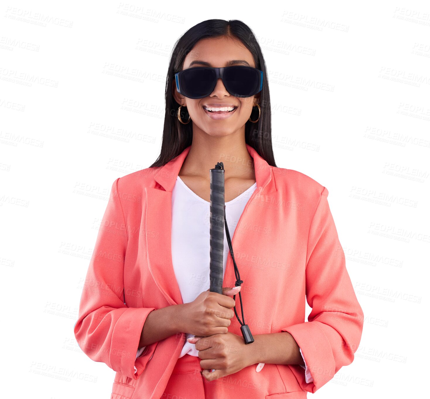 Buy stock photo Blind, disability and portrait of woman with walking stick, sunglasses and smile on isolated, transparent or png background. Happy, person and equipment for vision, eyesight or healthcare wellness