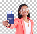 Passport, ticket and portrait of woman in travel, flight or USA documents against a blue studio background. Happy female business traveler smile holding international boarding pass or booking trip