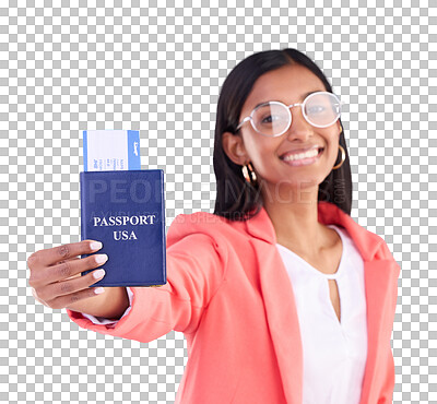 Passport, ticket and portrait of woman in travel, flight or USA documents against a blue studio background. Happy female business traveler smile holding international boarding pass or booking trip