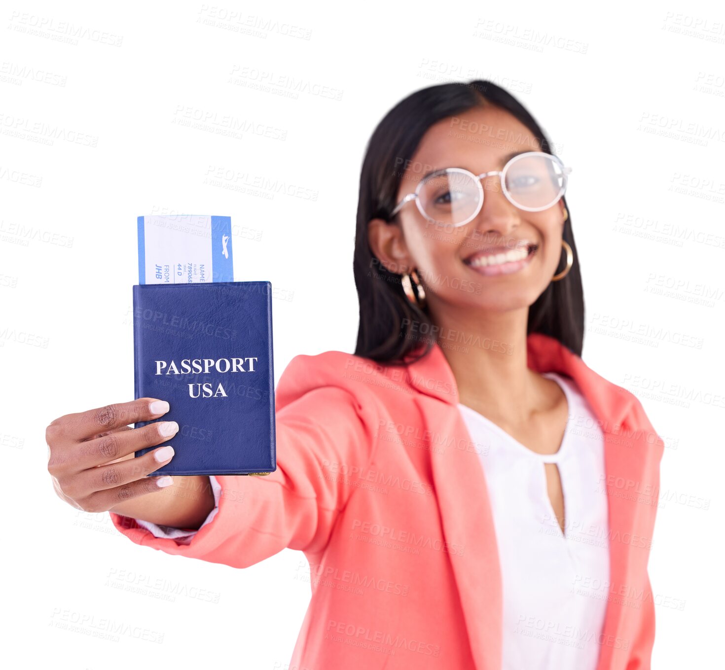 Buy stock photo Woman, student passport and ticket for travel opportunity, USA immigration or abroad study offer. Portrait of person with ID documents for vacation or flight isolated on a transparent, png background