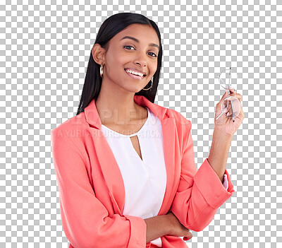 Buy stock photo Business woman, glasses and confidence with smile in portrait for success, goal or vision. Indian person, employee and face on isolated or a transparent png background for idea, power or innovation