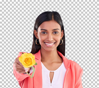 Portrait, rose and valentines day with a woman on a blue background in studio for love or romance. Face, happy and smile with an attractive young female holding a yellow flower as a romantic gift