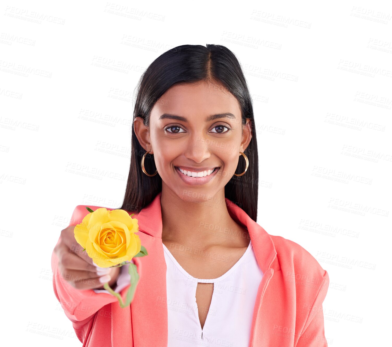 Buy stock photo Gift, portrait and happy woman with rose isolated on transparent png background. Smile, giving and girl with floral spring flower as present for celebration of love, romance and gratitude reward.