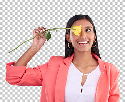 Rose, love and valentines day with a woman on a blue background in studio thinking about romance. Spring, gift and yellow flower with an attractive young female holding a plant for summer or growth