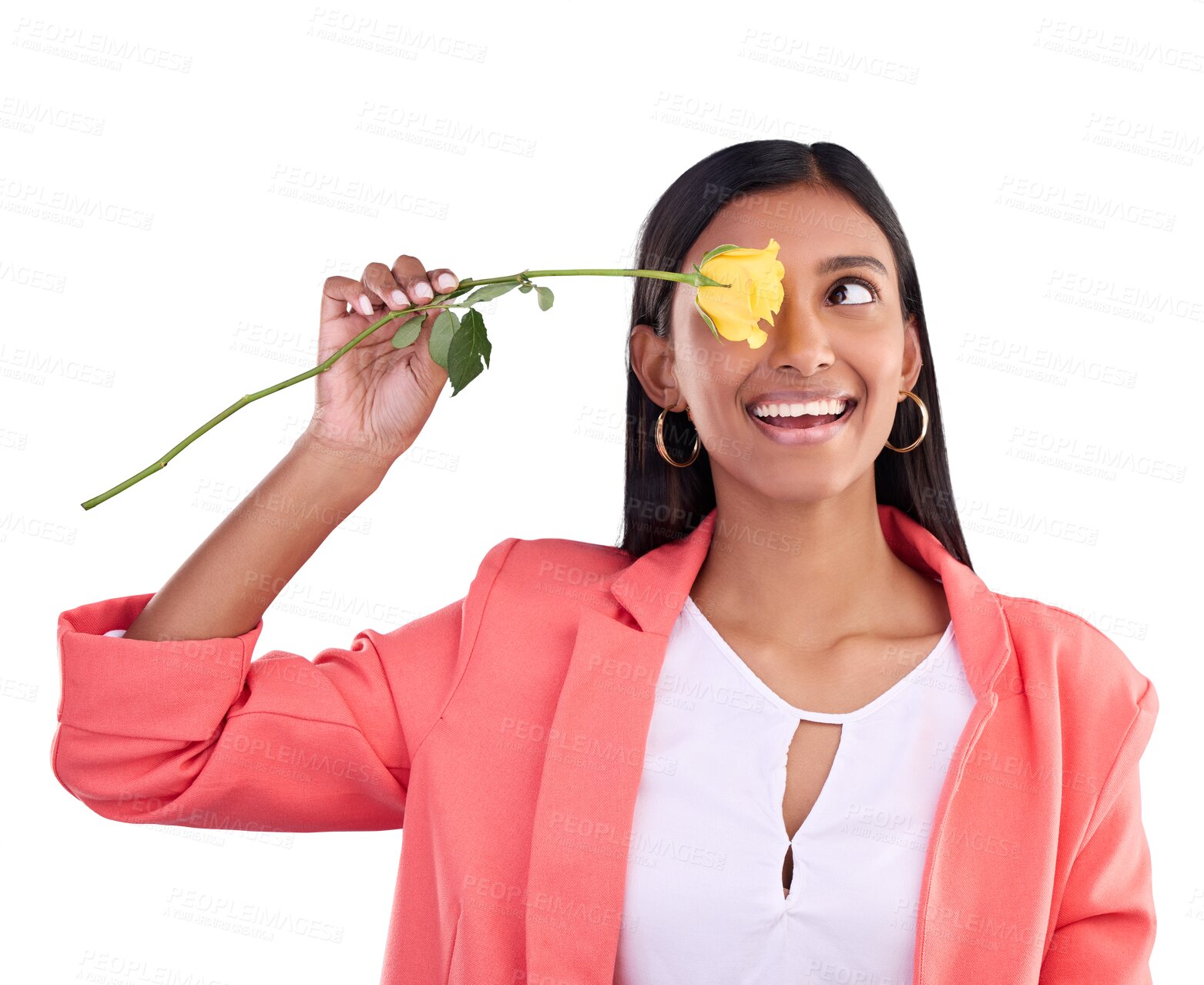 Buy stock photo Smile, face and woman with flower isolated on transparent png background with gift. Happiness, plants and girl with floral spring rose as present for celebration of love, romance and gratitude reward