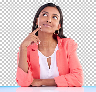 Buy stock photo Business woman, thinking and ideas for startup career in marketing, creative vision and job solution. Professional worker with inspiration, goals and planning isolated on transparent png background