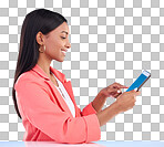 Happy woman, tablet and smile for research, social media or browsing and communication against a blue studio background. Female employee working on touchscreen for business data or search on mockup