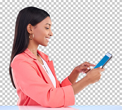 Buy stock photo Business woman, phone green screen and social media marketing, email or communication chat. Young employee typing on mobile app mockup for news or job search isolated on a transparent, png background