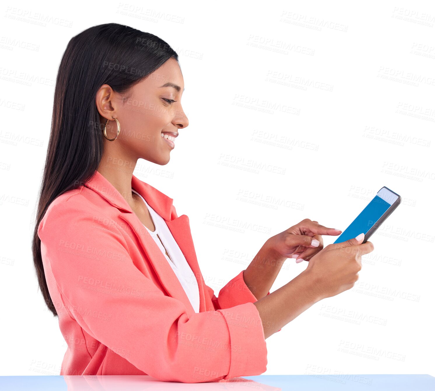 Buy stock photo Business woman, phone green screen and social media marketing, email or communication chat. Young employee typing on mobile app mockup for news or job search isolated on a transparent, png background