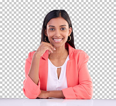 Portrait, confident and woman with smile, business and formal outfit against blue studio background. Face, female employee and executive with happiness, management and leadership skills with success