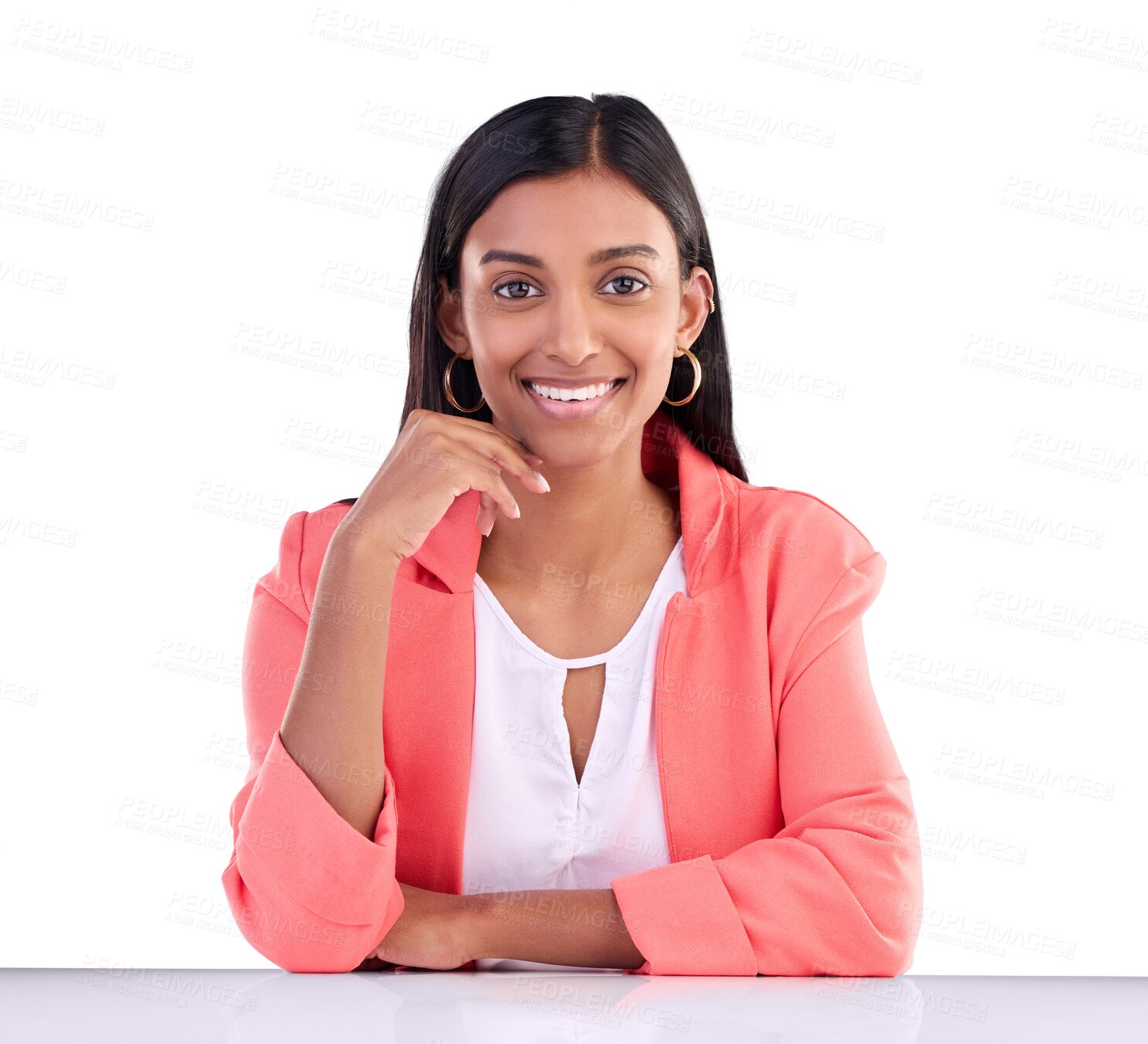 Buy stock photo Portrait, smile and business woman at table in formal clothes isolated on transparent png background. Face, Indian employee at desk and happy professional consultant, confident entrepreneur or worker