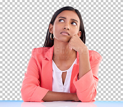 Thinking, confused and a business woman on a blue background in studio for problem solving at her desk. Idea, doubt and decision with a young female employee contemplating a thought, choice or option