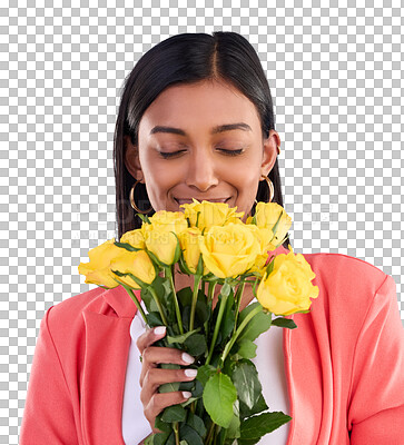 Scent, flowers and roses with woman in studio for gift, satisfaction and spring. Relax, happy and floral present with female and bouquet isolated on blue background for aroma, natural and products