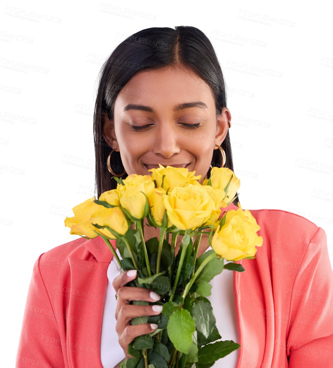 Buy stock photo Gift, smell and happy woman with flowers isolated on transparent png background. Smile, model or girl with floral spring rose bouquet as present for celebration of love, romance and gratitude reward.