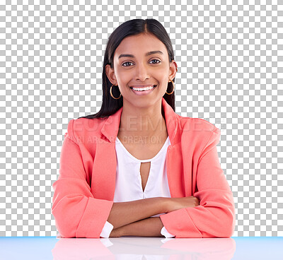 Confident, leader and portrait of business woman with smile feeling happy isolated in a studio blue background. Confidence, young and Indian female corporate proud with arms crossed in backdrop
