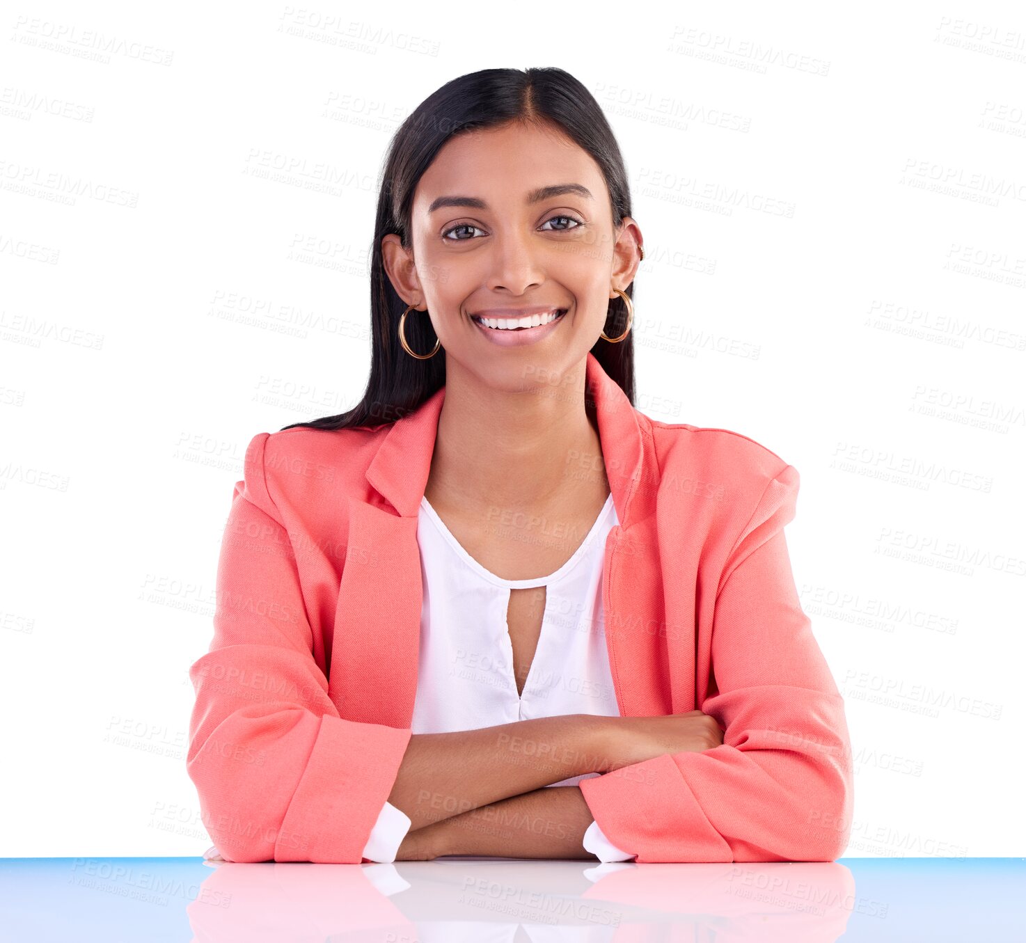 Buy stock photo Portrait, arms crossed and business woman at table isolated on a transparent png background. Face, Indian employee at desk and happy professional consultant, confident entrepreneur and worker smile