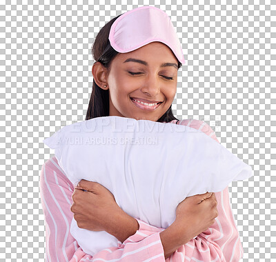 Bedtime, happy and a woman hugging a pillow isolated on a blue background in a studio. Smile, comfy and a girl ready for sleep, nap or slumber in pyjamas for comfort and coziness on a backdrop